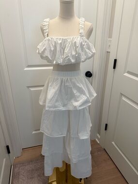 White Tiered Two-Piece Crop Top and Maxi Skirt Set